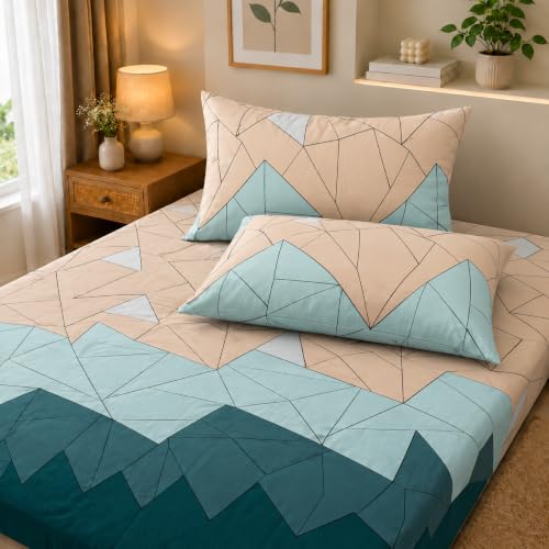Image of Cloud Cotton Fitted Bedsheet King Size Bed with 2 Pillow Covers | All Around Elastic | 220 TC | Wrinkle Free & Breathable | Deep Pocket Fits Mattress Upto 8 Inches | Bed Cover- Teal Ombre Green
