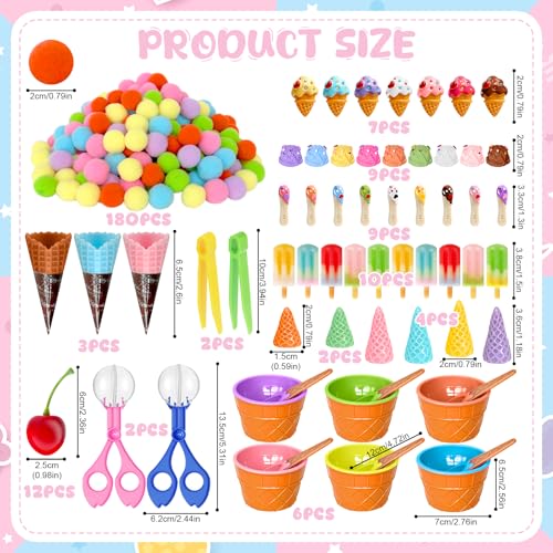 Image of 252 Pcs Summer Ice Cream Sensory Bin Filler Ice Cream Fine Motor Counting and Color Sorting Set Colorful Felt Pom Pom for Summer Sorting Counting Training Preschool Education Classroom Activities