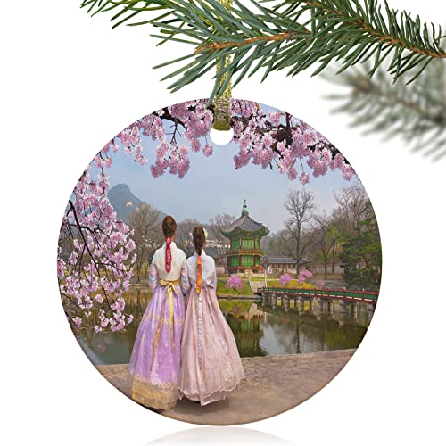 Christmas Tree Decoration Peach Tree Lake Pavilion Scenery Girl Back Round Christmas Tree Decorations Multi-Colour Ceramic Xmas Ornament Decoration Christmas Baubles For Gift Holiday Family