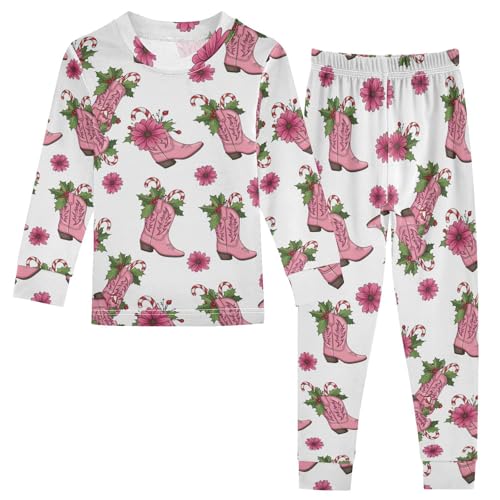 Pajama Sets Long Sleeve Cowboy Boots Floral Background Soft Comfy Sleepwear 2 Piece PJS 3-8T