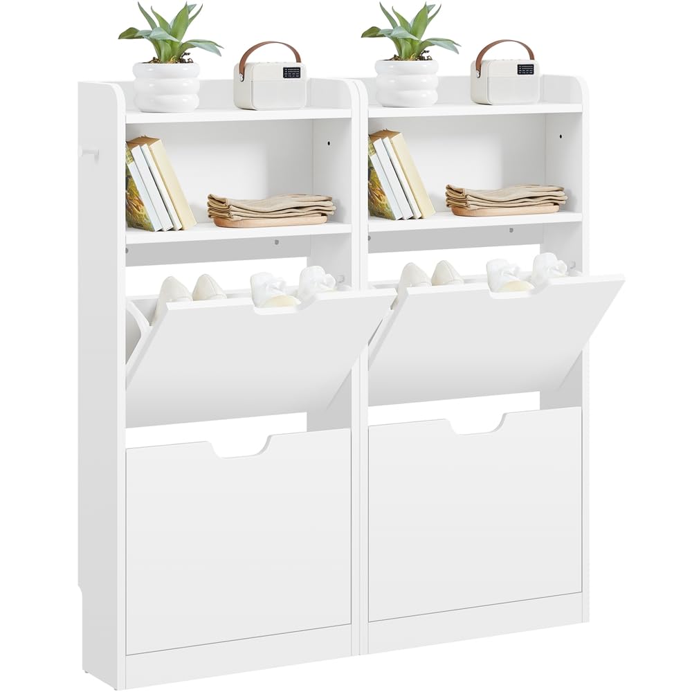 Yaheetech Zapatero Estrecho Mueble Entrada Recibidor con 4 Puertas y 2 Compartimento Abierto Zapatero Moderno Autoportante Armario de Madera Pasillo 100x17x108 cm Blanco