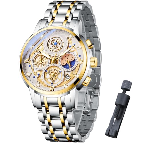 Image of senstone Moon Phase Watch for Men Chronograph Dial Analog Quartz Wristwatch Luxury Diamond Business Dress Watch with Luminous Waterproof Calendar Stainless Steel Strap