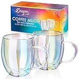 Dragon Glassware Double Walled Glass Coffee Mugs - 16 oz, Set of 2 Glass Coffee Cups to Keep Beverages Hot or Cold Longer - Iridescent Double Walled Crystal Mugs