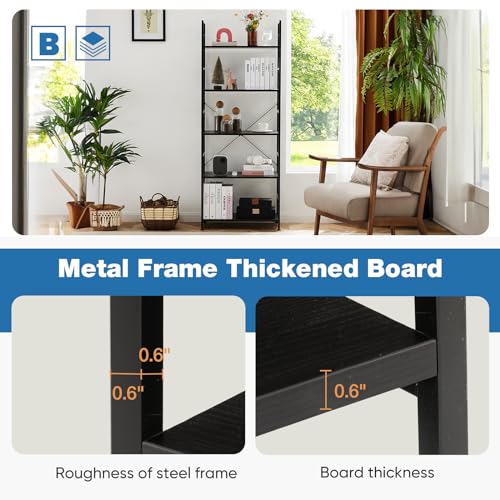 Image of DUMOS 5 Tier Book Shelf Tall Modern Bookcase Set of 2 for Books, CDs, Movies, Storage and Organization Bookshelf Industrial Home Decor for Bedroom Office Kitchen Living Room, Black