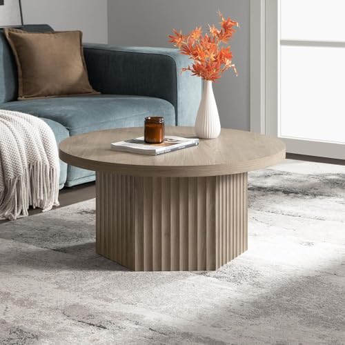 Image of SICOTAS Round Coffee Table for Living Room, Modern Fluted Circle Center Coffee Table with Storage, 32 inch Accent Tea Dining Table for Apartment, Grey Alder