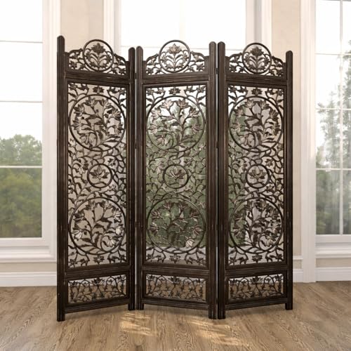 Image of Wooden Room Divider Decorative Foldable Privacy Screen Hand Carved Partition for Living Room Bedroom Office Decor (6 Feet 4 Panel Dark Brown Each Panel Size 72X20 Inch)