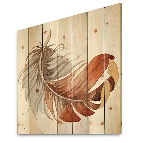 Plume d'oiseau ethnique orange - Tableau bois mural bohème éclectique pour décoration maison