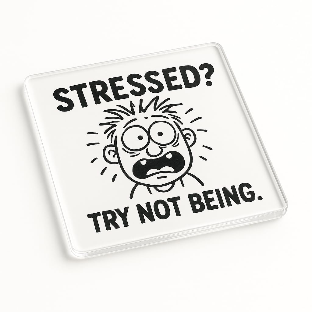 The Plum Penguin Stress Less Laughs Funny Acrylic Coaster Gift - Humorous Cartoon Design Desk Accessory For Office Laughter And Cheer