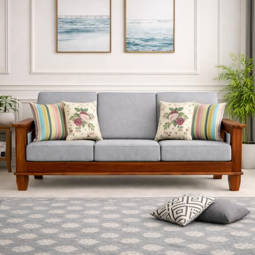 Image of Solid Sheesham Wood 3 Seater Sofa for Living Room | Couch Sofa for Living Room | Sofa Set Furniture for Home| Settee 3 Seater - Grey