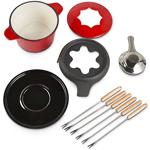 VonShef Fondue Set with 6 Forks Stylish Cast Iron Porcelain Enamel Pot Makes All Styles of Fondue Such as Cheese and Chocolate 63 fl oz Capacity 12pc Set Red