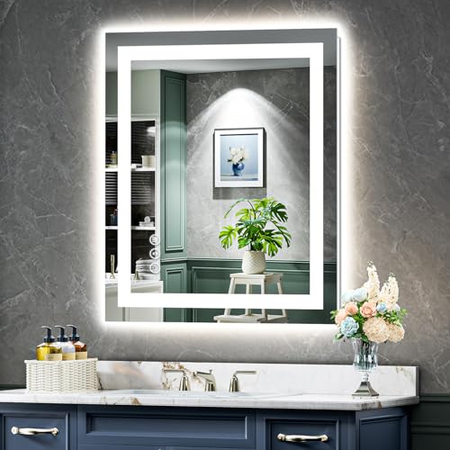 Image of 28x32 Inch LED Bathroom Mirror with Lights Front and Backlit Lighted Vanity Mirror for Bathroom Wall with 3 Colors Dimmable Anti-Fog Memory Shatter-Proof IP54 Waterproof Horizontal /Vertical