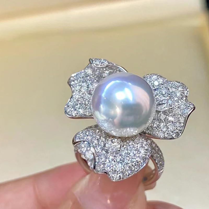 Lily Flower Ring for Women with Cubic Zirconia and Faux Pearl – Gold Plated Alloy Princess Luxury Design, Statement Jewelry Gift for Her, Birthday Present for Best Friend or Sister image 3