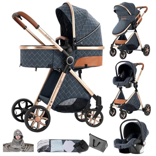 Poussette réversible 3 en 1 avec siège auto,nacelle haute avec auvent réglable et cadre en aluminium(Bleu&Or)