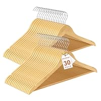 HOUSE DAY Premium Wooden Coat Hangers 30 Pack, Heavy Duty Solid Wood Clothes Hangers with 360° Swivel Hook & Pant Bar for Jackets, Dress, Shirts, Natural Wood Suit Hanger for Closet Organizer