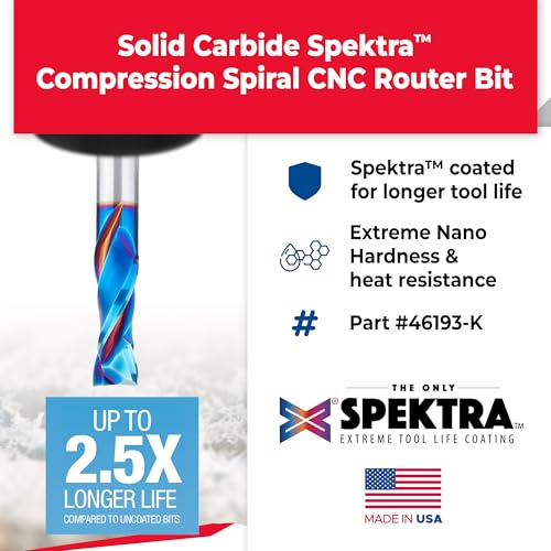 Image of Amana Tool Spektra Extreme Tool Life Coated Solid Carbide CNC Compression Spiral Router Bit, 46193-K, 1 /2 D x 1-3 /8 CH x 1 /2 Shank x 3-1 /2 Inch Long