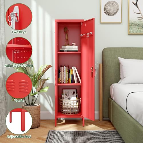 Image of Aobabo Metal Locker, 54 inch H Metal Storage Locker for Employees, Lockable 1 Door with Towel Rack and 2 Side Pegboards with Hooks for School Office Gym Home, Assembly Required (Red)