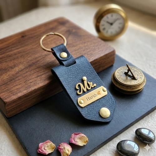 Image of Personalised Leather Keychain with Custom Name & Charm, Unisex, Modern Style, Customisable