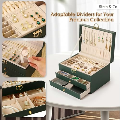 Image of Birch & Co. Jewellery Box - 3 LayerJewellery organizer storage box, Portable Travel-Friendly Storage. Elegant Storage Case for Rings, Earrings, Necklaces & Bracelets, Green