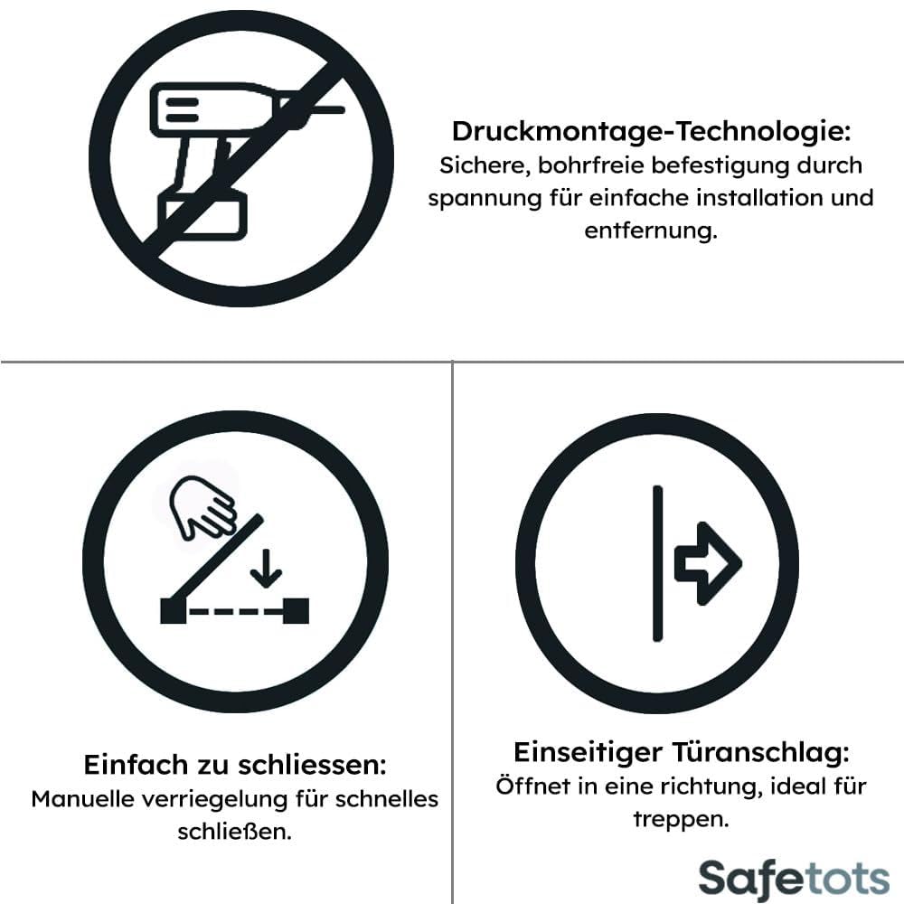 Safetots Extrahohes schmaler Metall-Sicherheitsgitter, Druckmontage, 68.5cm - 75cm, Schiefergrau, 104cm Höhe, Extrahohes Treppengitter, hohe Gitter fuer Babys, Einfache Installation