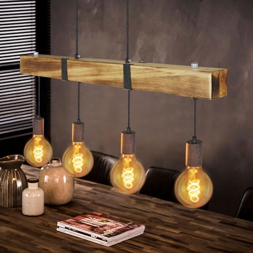 GBLY Vintage Pendelleuchte Holz Esstischlampe Retro Hängeleuchte mit 80CM Holzbalken 4x E27 4Watt G80 Warmweiß 2700K Hängelampe Industrial Pendellampe für Esszimmer Küche Wohnzimmer Bar Restaurant