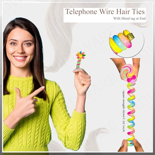 Image of BIRDWARE Rainbow Pack of 5 Colorful Telephone Wire Spiral Hair Ties with Cute Cartoon Designs - Elastic, No-Crease Bands for Kids and Women