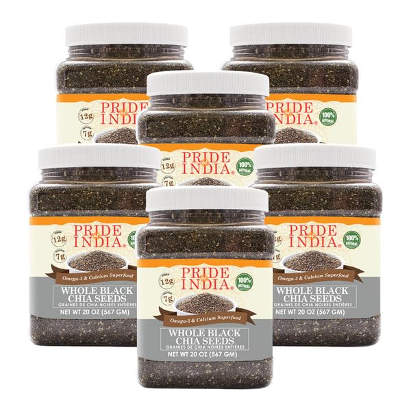 Pride Of India - Paquete de 6 semillas de chía negra natural - Omega-3 y superalimento de fibra, tarro de 1.3 libras (20 onzas)