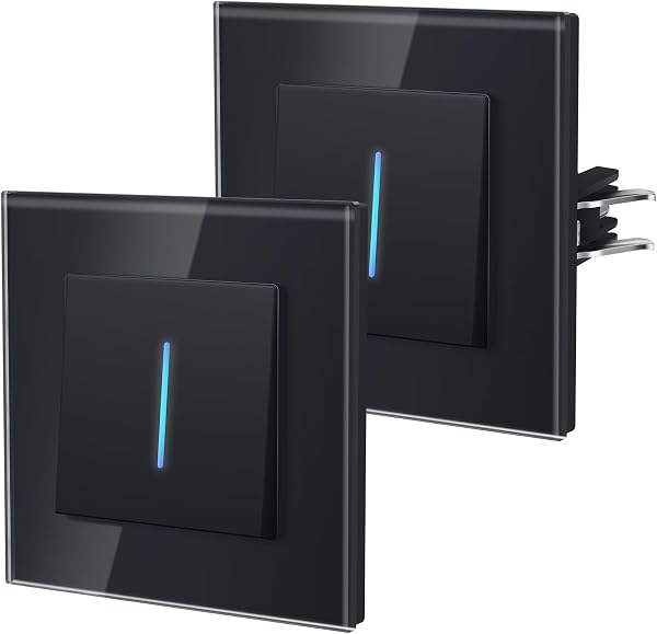 BSEED Interrupteur va-et-vient, Interrupteur Mural Connexion rapide, Borne à encliquetage, Modern Interrupteur Avec Voyant Lumineux, Verre,1 Gang 2 Voie - 2 Paquets,86mm Noir - 1