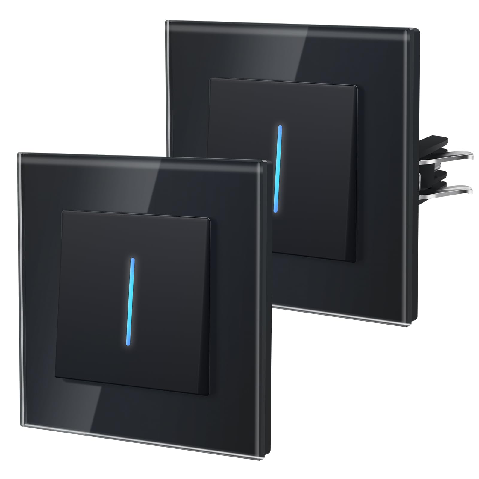 BSEED Lichtschalter aus Glas,Unterputz Schalter mit Krallen, Wechselschalter mit Hintergrundlicht, Einfach Montage, NEU E-Serie,1 Fach 1 Weg - 2Pack,86mm Schwarz