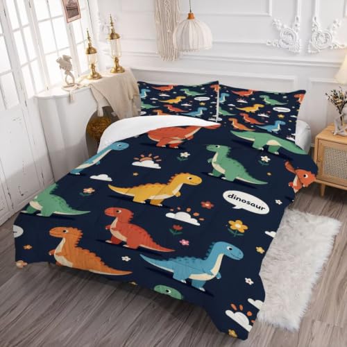 Image of Cartoon Dinosaur Comforter Set Twin Size Cute Bedding Set for Kids | Cute Colorful Dino Bedding Set for Boys Girls, All Season Soft Microfiber Bed Set with 1 Comforter 1 Pillowcase