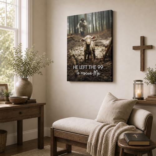 Image of GUN SUPPLIES OUTLET LLC Jesus With The Sheep Wall Art - Running After Lamb Canvas Print - He Left the 99 to Rescue Me - Christian Wall Art 12x16 inch