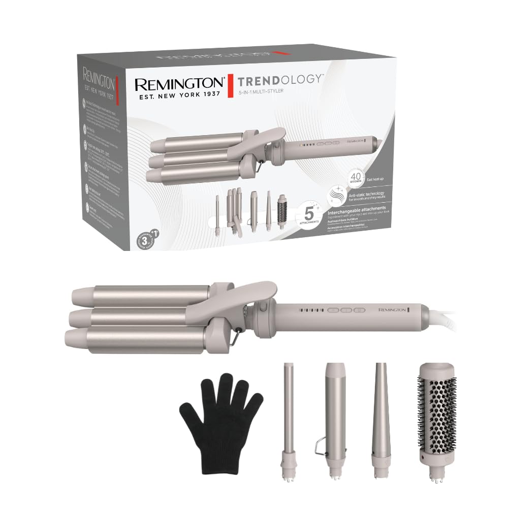 Remington Lockenstab 5in1 [Welleneisen, Rundbürste 38mm, 3 Lockenaufsätze 13-33mm] Trendology (LED display 130°C - 210°C, Beach Waves, Spirallocken & Natürliche Locken für alle Haartypen) CI41MS5