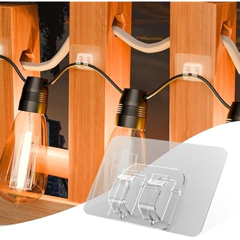 Eirnvop 50 PCS Hooks for Outdoor String Lights Clips, Clips Hooks with Waterproof Adhesive Strips, No Damage, No Tools, Light Hangers for Hanging Christmas Lighting and Porch Patio Decor Cover