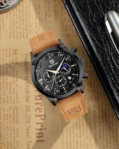 Image of BENYAR Men's Watches Chronograph Watch for Men Multifunction Black Waterproof Sport Fashion Quartz Wristwatches Calendar with Stainless Steel Strap