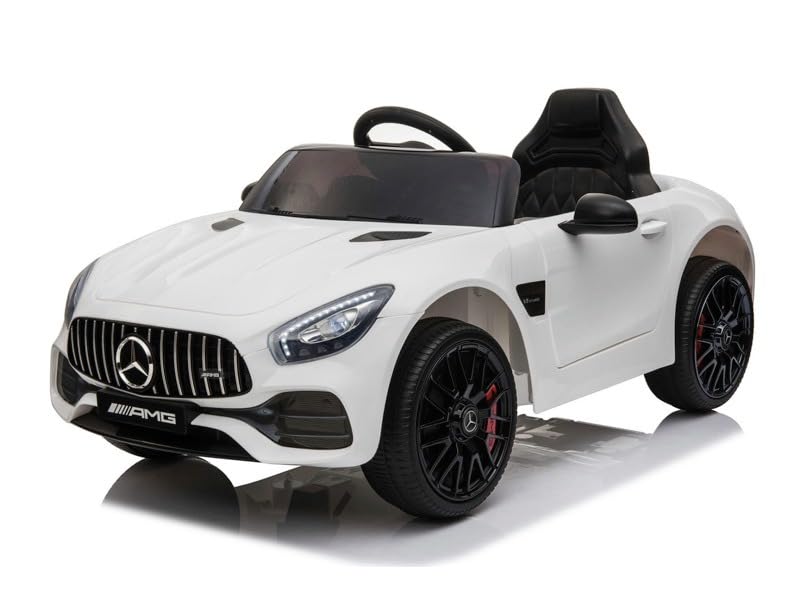 Coche eléctrico de niño, 12v, Mercedes GT AMG 12v, Asiento con Funda, Ruedas Goma, Blanco, RC Parental, Coche para niños de hasta 4 años