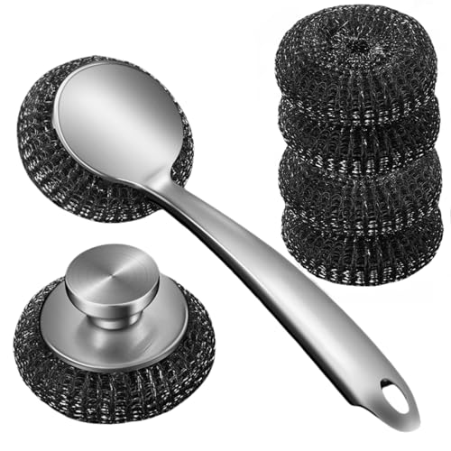 Image of Steel Wool Scrubber Dish Brush with Handle, Deep Cleaning Metal Scrubber Set (Gray)