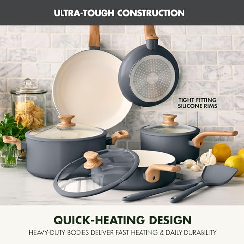 Image of GreenPan Rio Essence Wood 10 Piece Cookware Pots and Pans Set, Healthy Ceramic Nonstick, PFOA & PFAS-Free Coating, Induction, Silicone Rim Lids, Stay-Cool Wood Print Handles, Dishwasher Safe, Gray