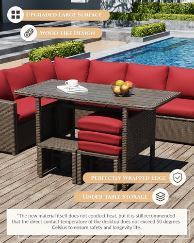 Image of U-MAX 7 Pieces Patio Furniture Set, Outdoor Sectional Sofa Conversation Set, All Weather Wicker Rattan Dining Table & Chair with Ottoman, Brown Rattan&Red Cushion