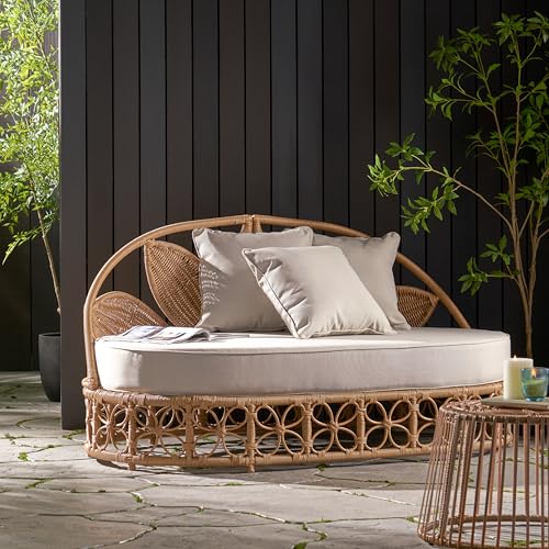 Image of Merax Outdoor Wicker Daybed with Water Resistant Cushion and 3 Throw Pillows, Boho Patio 60 inch Rattan Sun Day Bed for Lawn Garden Backyard Pool, All-Weather, Light Brown
