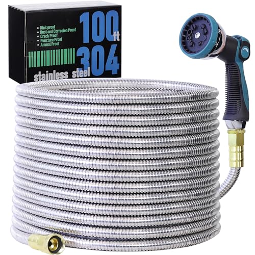 100FT Garden Hose, 304 Stainless Steel Water Hose, Flexible with a 10-Mode Nozzle Sprayer, No Kink, Lightweight, Puncture Proof, Ideal for Yard, Lawn, Outdoor