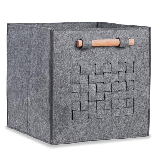 STUFFIX ®️ | Multi-Purpose Grey Storage Box for Organisation | Toys, Clothes, Books, Logs | Premium Foldable Boxes with Wooden handles | Ikea Kallax Cube Insert | UK Brand | 33x33x33cms (1 Pack)