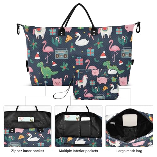 Cartoon Dinosaurs Pig Flamingo Travel Duffel Bag for Men Women with Makeup Bag Weekend Overnight Carry On Bags for Getaway Weekend Travel2