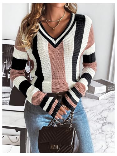 Image of OYOANGLE Women's Color Block Striped Crochet Knit Long Sleeve Sweater V Neck Pullover Knitted Tops