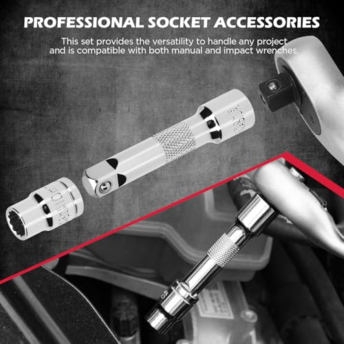 Image of 12-Piece 1 /4 inch & 3 /8 inch Drive 10mm Socket Set with 3-inch 3 /8 & 1 /4 Extension Bars | Deep & Shallow Mirror Finish Socket Set | Magnetic Storage Rail | Cr-V | 6 Point & 12 Point (13 Pack)