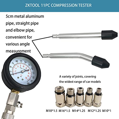 Zktool 11Pc Compression Tester, Automotive Engine Compression Tester Adapter Kit, Engine Cylinder Leak Down Compression Test Motor Pressure Gauge. (All Vehicles). #TOP3
