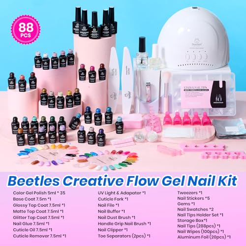 Image of Beetles Deal Box Gel Nail Polish Kit with U V Light - 35 Colors Gel Polish 288 Pcs Almond Nail Tips 88 Pcs Creative Flow Nails Kit with TPO&HEMA Free Base Matte /Glossy /Glitter Top Coat DIY Gifts