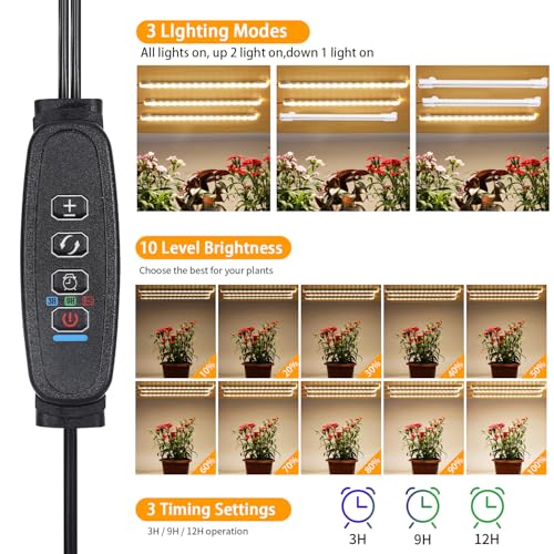 Image of LED Grow Light Strips, Grow Lights for Indoor Plants Full Spectrum 3000K, Plant Light Bar with 3 /9 /12H Timer, 10 Dimmable Levels for Seedling Succulent,Best Match for Plant Shelf(3 Headx2 Pack)