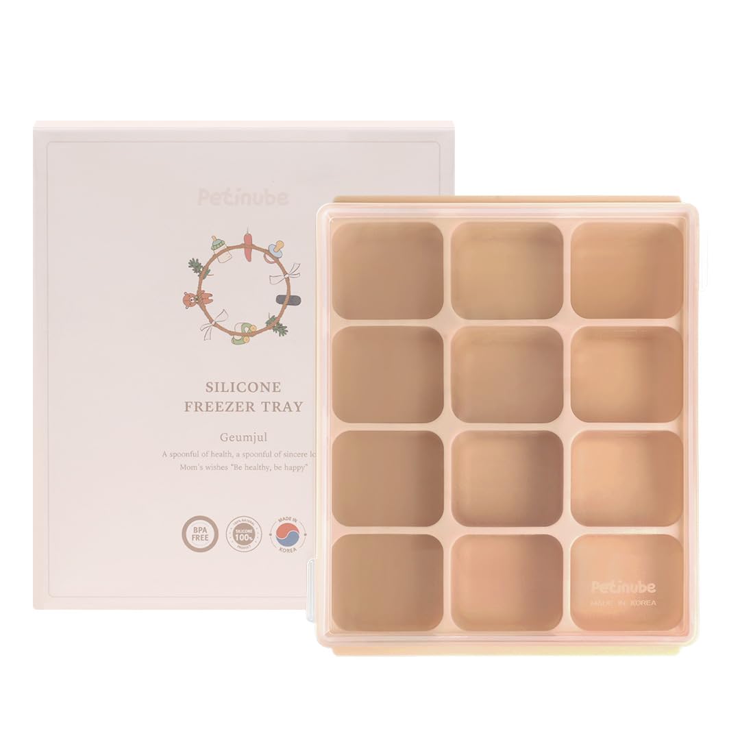 Baby Food Storage Silicone Cubes with Clip-On Lid Freezer Tray Baby Food Soups Purees Ice Easy and Safe Design Made in Korea(12 Sand Beige)-image-48