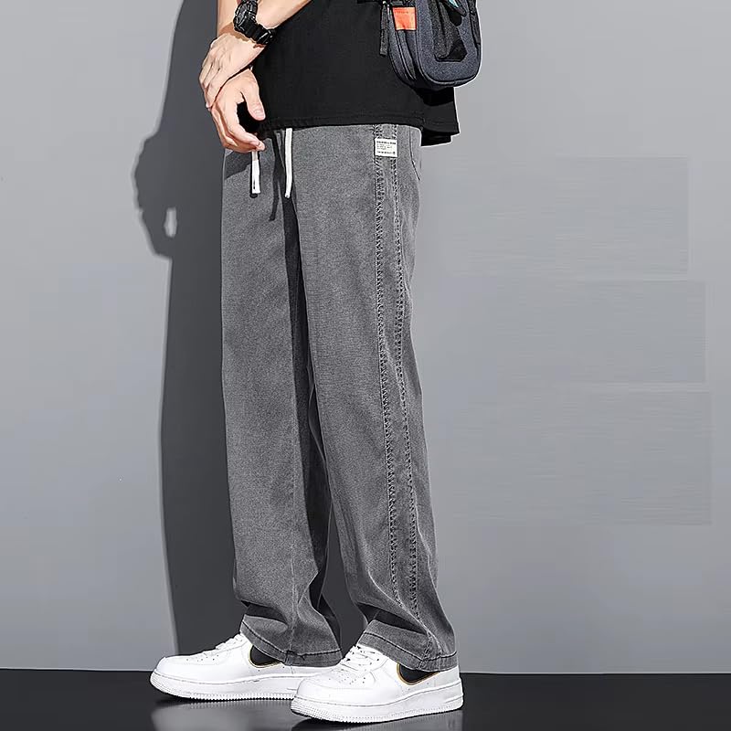 Spring Summer Men's Jeans Thin Loose Straight Leg Drawstring Elastic Waist Korean Casual Pants3