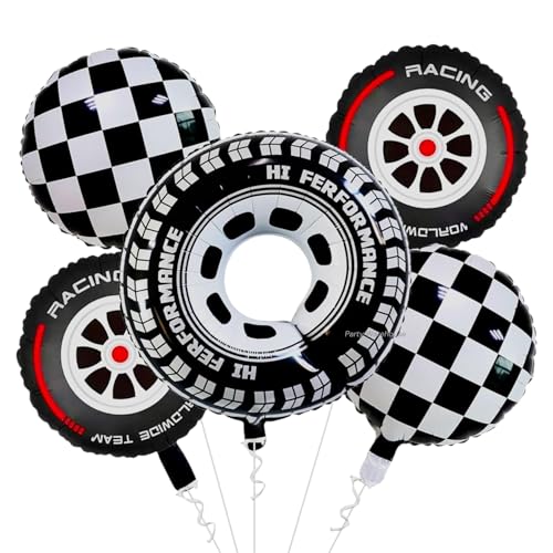 Image of Party Warehouse Racing Car Balloon Set for Birthday - 5 Pieces | Race Car Theme Foil Balloons for Race Lovers | Tyre & Checkered Flag Balloons for Kids /Adults Party Decorations (Tyres Set)