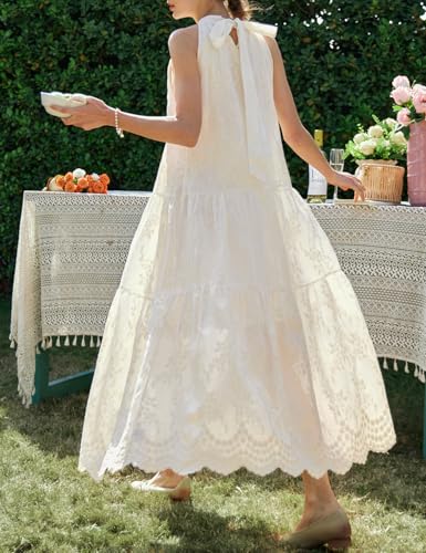 Women's Bohemian Maxi Dress, Summer White Halter Neck Sleeveless Embroidery Lace Beach Vacation Long Dress2